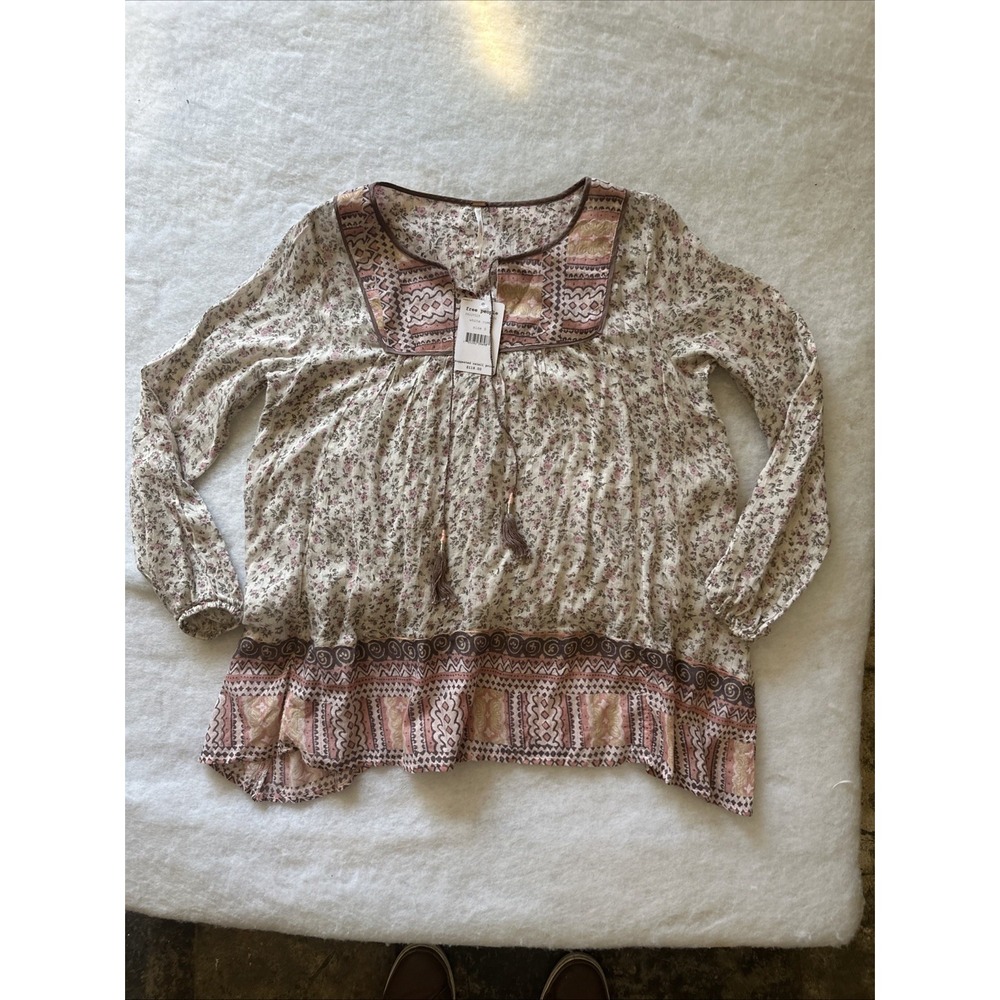 Free People Dream Lover Tunic Shirt Top Sz S White Combo Floral Nordstrom NWT